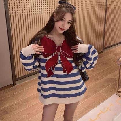 Fashion, Bow-tie Striped Loose Coat, Casual Sweet..