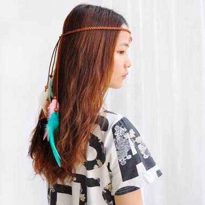 Bohemian Ethnic Hair Band, Vintage Peacock Feather..