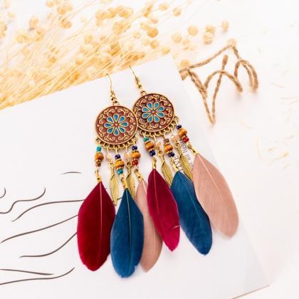 Bohemian Vacation Style, Tassel Feather Earrings,..