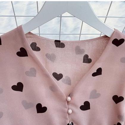 French Romance, Love Printed Chiffon Shirt, V-neck..