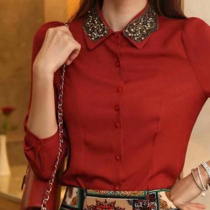Chiffon Lapel Embroidered Long Sleeves Blouse,..