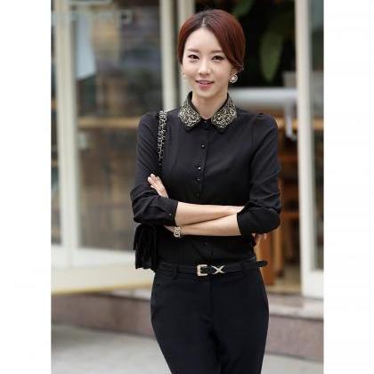 Chiffon Lapel Embroidered Long Sleeves Blouse,..
