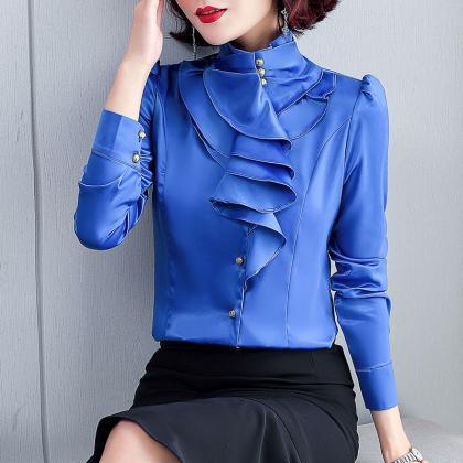 Bright Solid Color Blouse, Long Sleeves Elegant..