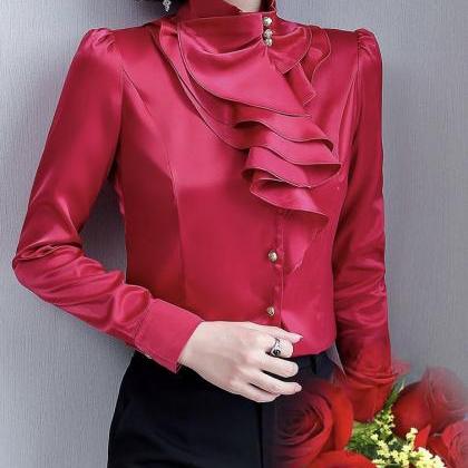 Bright Solid Color Blouse, Long Sleeves Elegant..