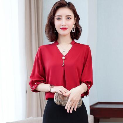 Solid Color V-neck Chiffon Blouse, Loose,..