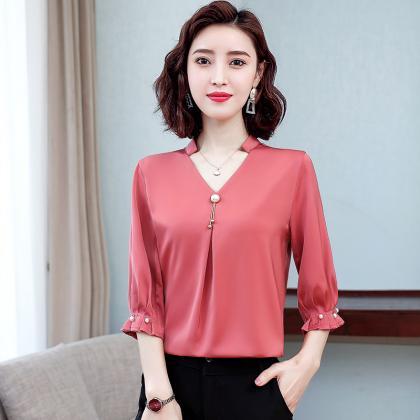 Solid Color V-neck Chiffon Blouse, Loose,..