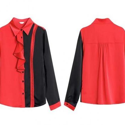 Red And Black Long-sleeve Shirt, Flounce Square..