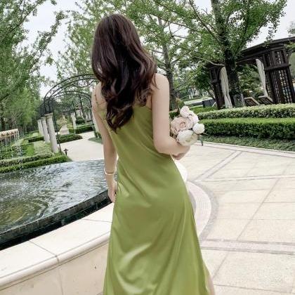 Avocado Green Dress, Satin Black Spaghetti Strap..