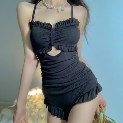 Black Student Swimsuit, Small Fresh One-piece Lace..