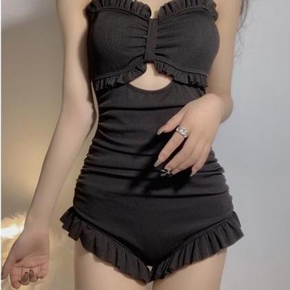 Black Student Swimsuit, Small Fresh One-piece Lace..