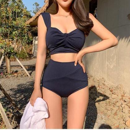 Spa Swimsuit, High Waist Solid Color Two-piece..