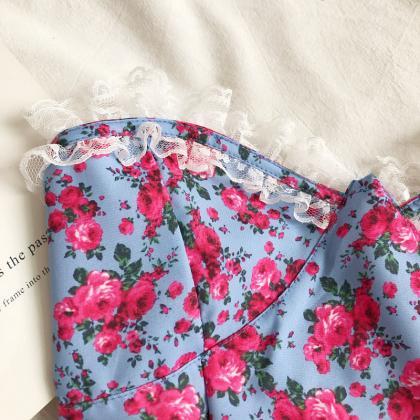 Flower Lace, Strapless Sexy Short Top, Blue Crop..
