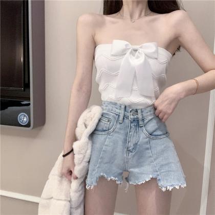 Bowknot Knitted Strpless Top, Clavicle Beautiful..