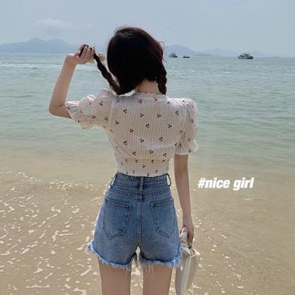 Short Crop Top, Summer, French Floral T-shirt