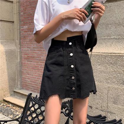 Irregular Black Skirt, Summer, High-waisted A-line..