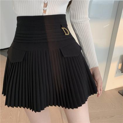 Black/white Pleated Skirt, Summer, High-waisted..