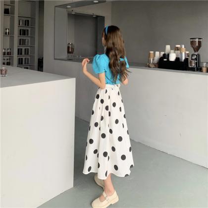 Polka Dot Skirt, Summer, Printed Midi A-line Skirt