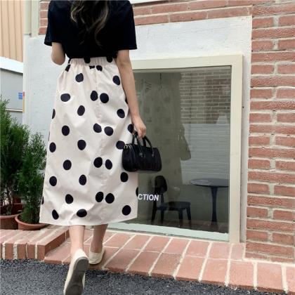 Polka Dot Skirt, Summer, Printed Midi A-line Skirt