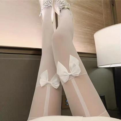 2 Pcs, White Tights With Bow Tie, Tights With Silk..