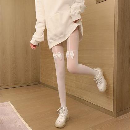 2 Pcs, White Tights With Bow Tie, Tights With Silk..
