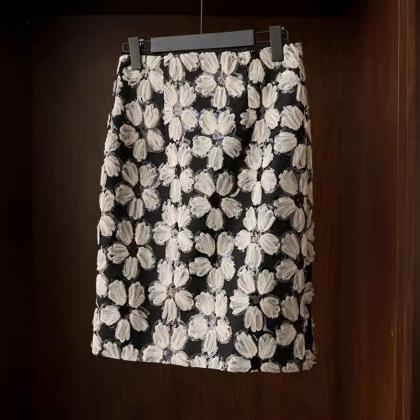 Mesh Lace Flower Sequin Skirt, Elegant Temperament..