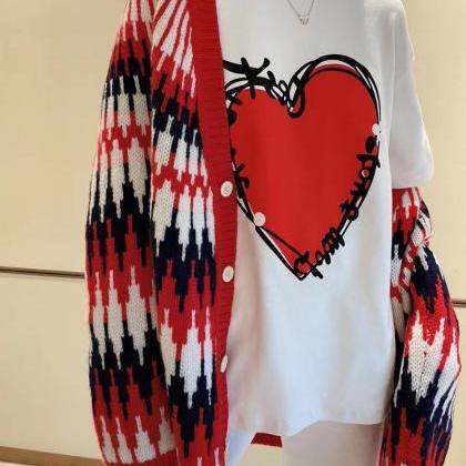Loving Heart Print, Loose Round Neck And Short..
