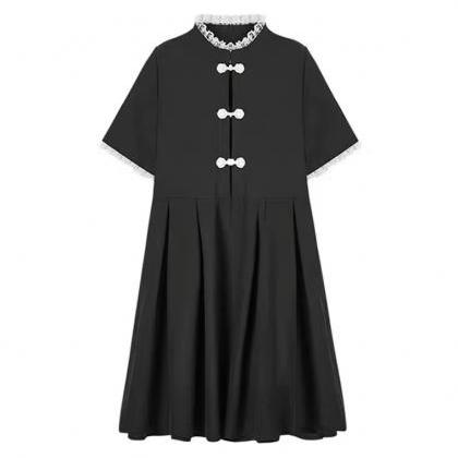 Cheongsam Dress, Black, High Collar Dress, Loose..