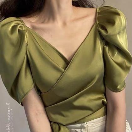 Satin French Top, V-neck Short Sleeves Top, Tie..