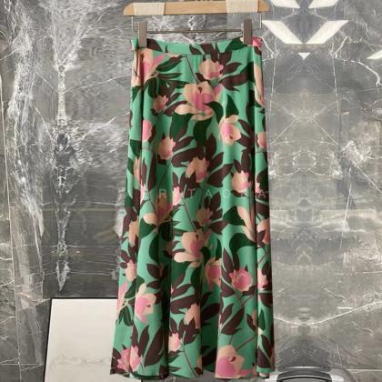 Floral Printed Skirt, Heavy Silk A-line Skirt,..