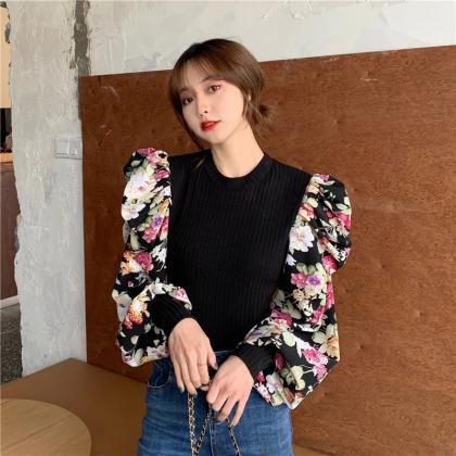 Round Collar Spliced Floral Long Sleeves Blouse,..