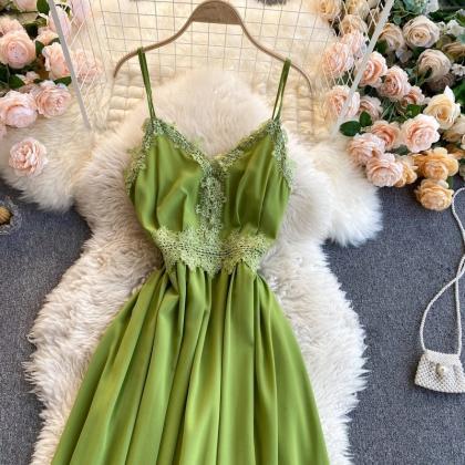 Fairy Dress, Lace Hook, V-neck Halter Midi Dress