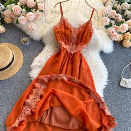 Fairy Dress, Lace Hook, V-neck Halter Midi Dress