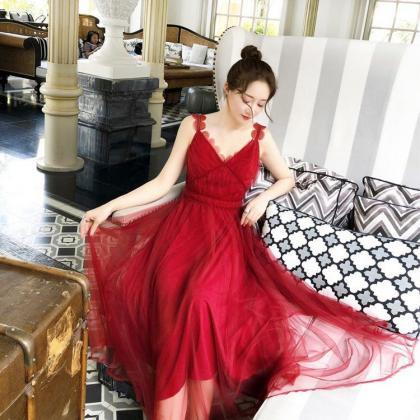 French Style, Vintage, Red Tulle V-neck Dress,..
