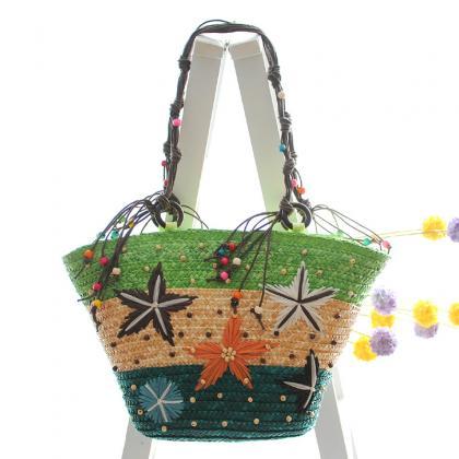 Bohemian, Hand-embroidered Starfish Straw Bag,..