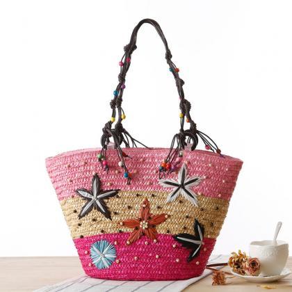Bohemian, Hand-embroidered Starfish Straw Bag,..