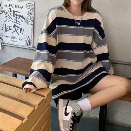 Fashion Striped Loose Blouse, Spring And Autumn..