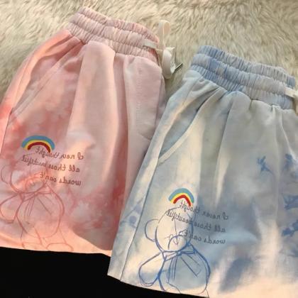 Pink Sports Shorts, Bear Design, Loose Cotton..