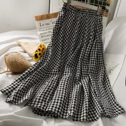 Vintage Plaid Patchwork Flounce Skirt, High Waist..