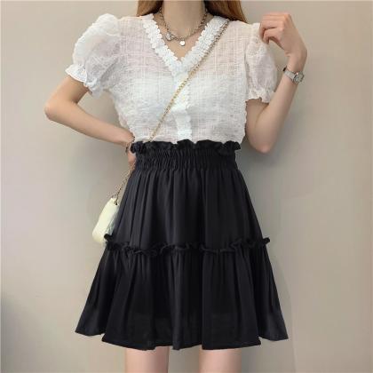 Black/white Skirt, Fashion, Pleated, A-line High..