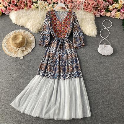 Ethnic Style, V-neck Embroidered High Waist Dress,..