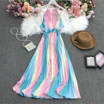 Sleeveless, Rainbow Color Gradient Pleated Dress ,..