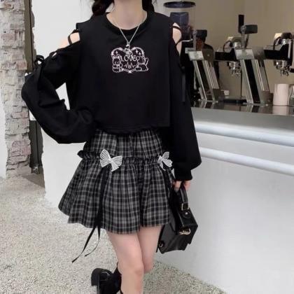 Black Plaid Skirt, Students-loose Cute Cake Lace..