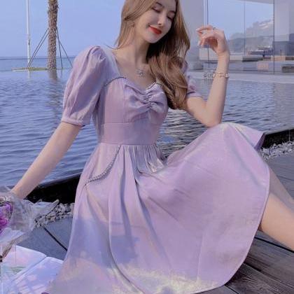 French Bubble Sleeve Purple Dress, Summer..
