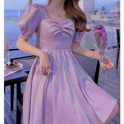 French Bubble Sleeve Purple Dress, Summer..