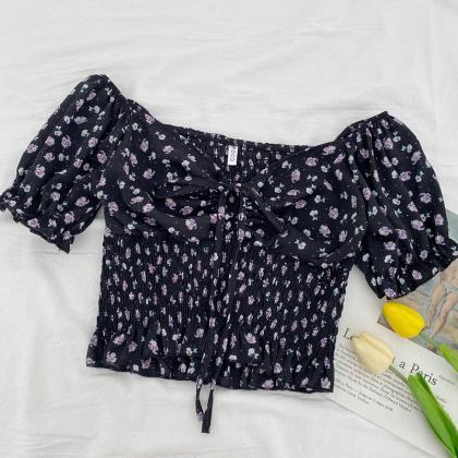 Summer, Stylish, V-neck, Floral Tie Bow, Loose..
