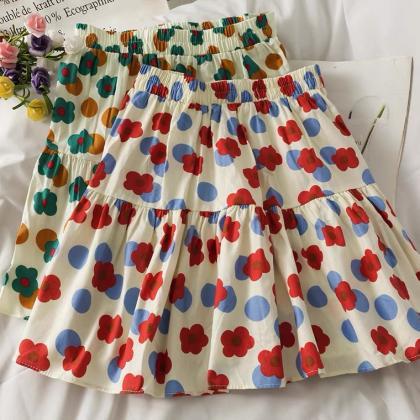 Patchwork High-waisted A-line Skirt, Printed Polka..
