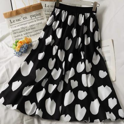 Sweet Wind, Heart Print Mid-length Skirt, High..