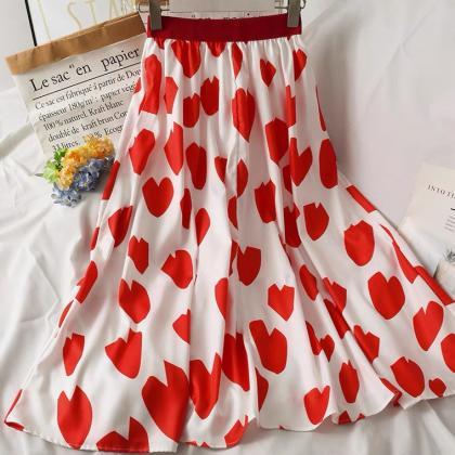 Sweet Wind, Heart Print Mid-length Skirt, High..