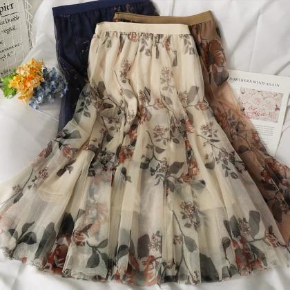 Summer, Vintage, Printed Tulle Midi Skirt, High..