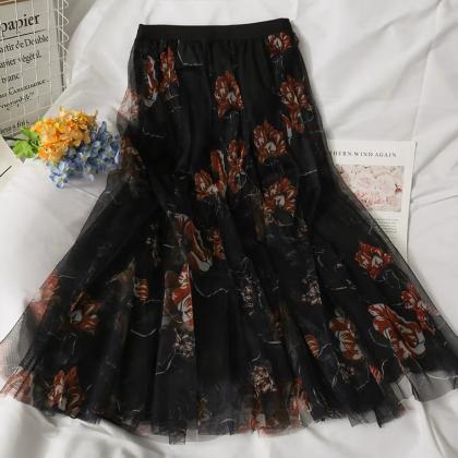 Summer, Vintage, Printed Tulle Midi Skirt, High..